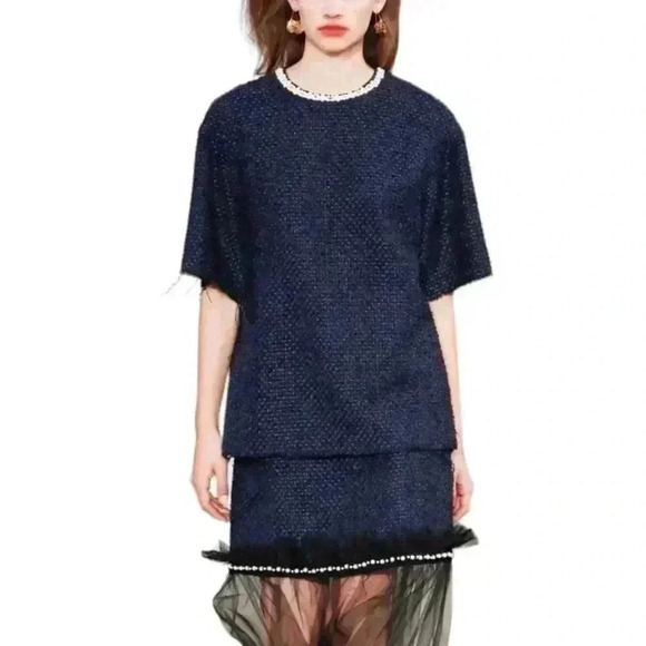 Mother of Pearl Tops - Mother of Pearl London Blue Tweed with Pearl Short-Sleeve Frayed Hemline